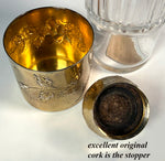 Antique French Art Nouveau Sterling Silver 18k Gold Vermeil Liqueur Flask with Shot Glass or Cup