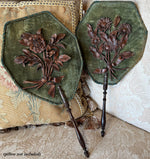 Unique Antique Victorian Era Face Screen Pair in Silk Velvet and Molded Leather, Looks Like Black Forest Wood