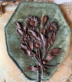 Unique Antique Victorian Era Face Screen Pair in Silk Velvet and Molded Leather, Looks Like Black Forest Wood