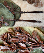 Unique Antique Victorian Era Face Screen Pair in Silk Velvet and Molded Leather, Looks Like Black Forest Wood