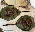 Unique Antique Victorian Era Face Screen Pair in Silk Velvet and Molded Leather, Looks Like Black Forest Wood