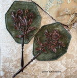 Unique Antique Victorian Era Face Screen Pair in Silk Velvet and Molded Leather, Looks Like Black Forest Wood