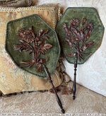 Unique Antique Victorian Era Face Screen Pair in Silk Velvet and Molded Leather, Looks Like Black Forest Wood