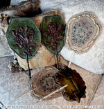 Unique Antique Victorian Era Face Screen Pair in Silk Velvet and Molded Leather, Looks Like Black Forest Wood