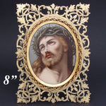 Antique French Devotional Portrait of Christ on 4.75" Porcelain Plaque, 8" Gilt Reticulated Frame