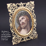 Antique French Devotional Portrait of Christ on 4.75" Porcelain Plaque, 8" Gilt Reticulated Frame