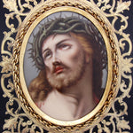 Antique French Devotional Portrait of Christ on 4.75" Porcelain Plaque, 8" Gilt Reticulated Frame
