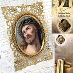 Antique French Devotional Portrait of Christ on 4.75" Porcelain Plaque, 8" Gilt Reticulated Frame