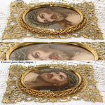 Antique French Devotional Portrait of Christ on 4.75" Porcelain Plaque, 8" Gilt Reticulated Frame