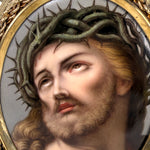 Antique French Devotional Portrait of Christ on 4.75" Porcelain Plaque, 8" Gilt Reticulated Frame