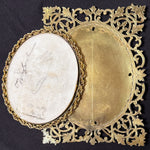 Antique French Devotional Portrait of Christ on 4.75" Porcelain Plaque, 8" Gilt Reticulated Frame