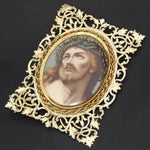 Antique French Devotional Portrait of Christ on 4.75" Porcelain Plaque, 8" Gilt Reticulated Frame
