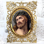 Antique French Devotional Portrait of Christ on 4.75" Porcelain Plaque, 8" Gilt Reticulated Frame