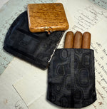 Stunning Bespoke Russian Wood Match Vesta French 18k Gold, Sapphires, and Rich Black Moire Silk Cigar Case
