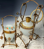Antique French Opaline Egg Shaped Perfume Bottle Stand, Scent Caddy Hand Painted w Perfume Bottle Inside