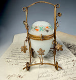 Antique French Opaline Egg Shaped Perfume Bottle Stand, Scent Caddy Hand Painted w Perfume Bottle Inside