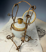 Antique French Opaline Egg Shaped Perfume Bottle Stand, Scent Caddy Hand Painted w Perfume Bottle Inside