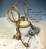 Antique French Opaline Egg Shaped Perfume Bottle Stand, Scent Caddy Hand Painted w Perfume Bottle Inside