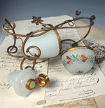 Antique French Opaline Egg Shaped Perfume Bottle Stand, Scent Caddy Hand Painted w Perfume Bottle Inside