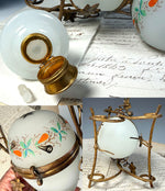 Antique French Opaline Egg Shaped Perfume Bottle Stand, Scent Caddy Hand Painted w Perfume Bottle Inside