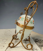 Antique French Opaline Egg Shaped Perfume Bottle Stand, Scent Caddy Hand Painted w Perfume Bottle Inside