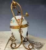 Antique French Opaline Egg Shaped Perfume Bottle Stand, Scent Caddy Hand Painted w Perfume Bottle Inside