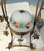 Antique French Opaline Egg Shaped Perfume Bottle Stand, Scent Caddy Hand Painted w Perfume Bottle Inside