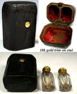 Georgian Era Leather Scent Caddy, Nécessaire, Etui with 2 Perfume Bottles, Flasks, 18k Gold Trim