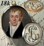 Superb Antique French Portrait Miniature and Hair Art Monogram in 18k Gold Double Locket