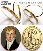 Superb Antique French Portrait Miniature and Hair Art Monogram in 18k Gold Double Locket