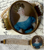 Spectacular Antique c. 1820s-30s French Portrait Miniature Bracelet Clasp, 5-Strand Pearl Bracelet
