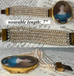 Spectacular Antique c. 1820s-30s French Portrait Miniature Bracelet Clasp, 5-Strand Pearl Bracelet