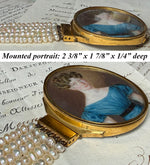 Spectacular Antique c. 1820s-30s French Portrait Miniature Bracelet Clasp, 5-Strand Pearl Bracelet