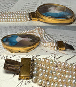 Spectacular Antique c. 1820s-30s French Portrait Miniature Bracelet Clasp, 5-Strand Pearl Bracelet