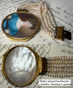 Spectacular Antique c. 1820s-30s French Portrait Miniature Bracelet Clasp, 5-Strand Pearl Bracelet