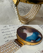 Spectacular Antique c. 1820s-30s French Portrait Miniature Bracelet Clasp, 5-Strand Pearl Bracelet