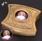 Antique French Rococo Revival Style Gilt Brass or Bronze Jewelry Casket or Trinket Box, Portrait on Porcelain