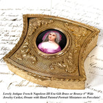 Antique French Rococo Revival Style Gilt Brass or Bronze Jewelry Casket or Trinket Box, Portrait on Porcelain