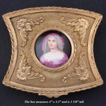 Antique French Rococo Revival Style Gilt Brass or Bronze Jewelry Casket or Trinket Box, Portrait on Porcelain