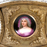 Antique French Rococo Revival Style Gilt Brass or Bronze Jewelry Casket or Trinket Box, Portrait on Porcelain
