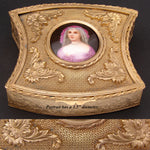 Antique French Rococo Revival Style Gilt Brass or Bronze Jewelry Casket or Trinket Box, Portrait on Porcelain