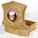 Antique French Rococo Revival Style Gilt Brass or Bronze Jewelry Casket or Trinket Box, Portrait on Porcelain