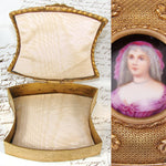 Antique French Rococo Revival Style Gilt Brass or Bronze Jewelry Casket or Trinket Box, Portrait on Porcelain