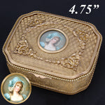 Antique French Napoleon III Era 4.75" Jewelry Casket, Gilt Box with Lovely Portrait Miniature