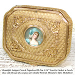 Antique French Napoleon III Era 4.75" Jewelry Casket, Gilt Box with Lovely Portrait Miniature
