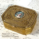 Antique French Napoleon III Era 4.75" Jewelry Casket, Gilt Box with Lovely Portrait Miniature