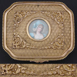 Antique French Napoleon III Era 4.75" Jewelry Casket, Gilt Box with Lovely Portrait Miniature