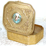 Antique French Napoleon III Era 4.75" Jewelry Casket, Gilt Box with Lovely Portrait Miniature