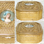 Antique French Napoleon III Era 4.75" Jewelry Casket, Gilt Box with Lovely Portrait Miniature