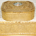 Antique French Napoleon III Era 4.75" Jewelry Casket, Gilt Box with Lovely Portrait Miniature